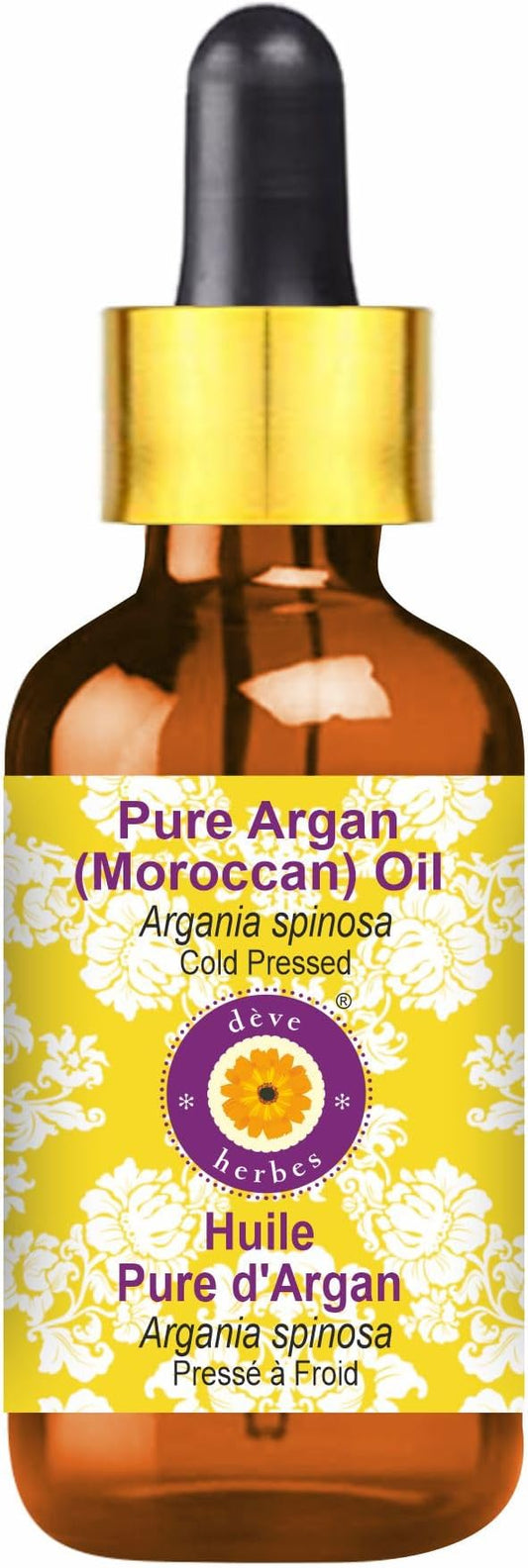 Deve Herbes Pure Argan (Moroccan) Oil (Argania spinosa) with Glass Dropper Cold Pressed 50ml (1.69 oz)