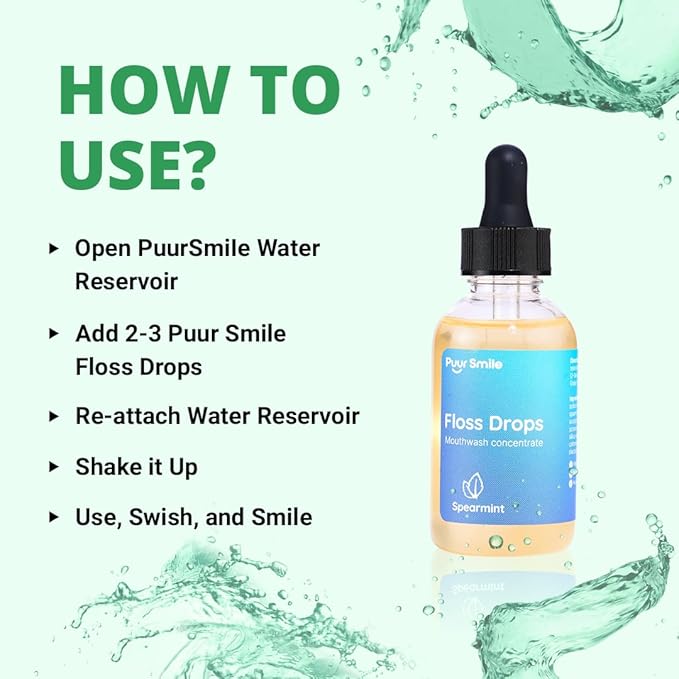 Puur Smile Concentrated Floss Drop Serum – 2oz Concentrated Mouth Wash to Use in Water Flosser | Natural Essentials Promotes Good Breath | Organic Spearmint Drop Supports Good Oral Health
