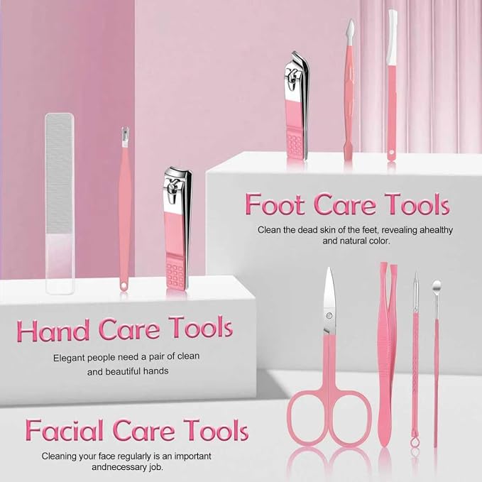 10 in 1 Manicure kit for Women Professional Pink Nail kit, Fingernail and Toenail Clipper Cutters and Personal Pedicure, Complete Manicure Set Women with Travel Beauty Tools Convenience Set