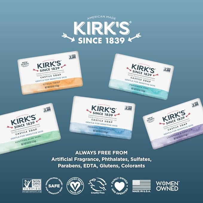 Kirk's Castile Bar Soap for Men, Women & Children - Made With Premium Coconut Oil, Sensitive Skin Formula, Vegan, Non GMO, Original Fresh Scent, 4 oz. Bars, 6 Pack