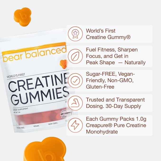 Bear Balanced Creatine Gummies for Men & Women - Creatine Monohydrate, L-Theanine, L-Tyrosine & B12 for Muscle Growth, Strength, and Focus, Peach Mango, 2 Pack