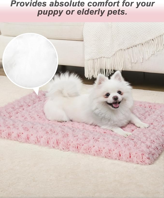 Exsnugy Washable Dog Bed Mat Large Size Fluffy Pet Crate Pad 48x30 XXL | Non-Slip Bottom Kennel Beds Ultra Soft Comfy Sleeping Mattress for Large Medium Small Dogs Pink