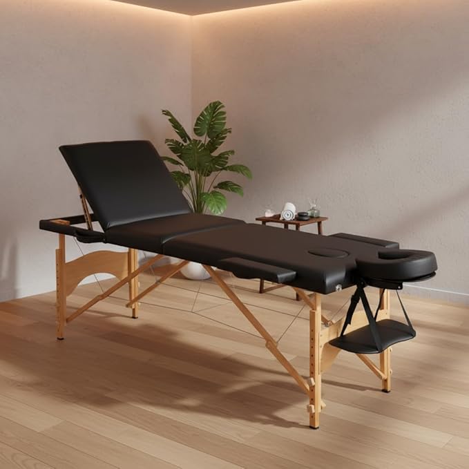 Artechworks Massage Table Massage Bed Portable Lash Bed for Eyelash Extensions Beauty Tattoo Table Adjustable for Spa Salon,Lightweight (Black, 3 Folding No Bag)