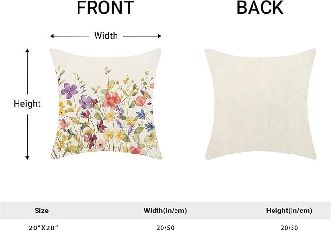AEIOAE Spring Pillow Covers 20x20 Inch Set of 2, Colorful Wild Flower Leaves Plant Throw Pillows Case,Seasonal Floral Outdoor Decorative Farmhouse Decor Cushion Covers for Home Sofa Bed Couch