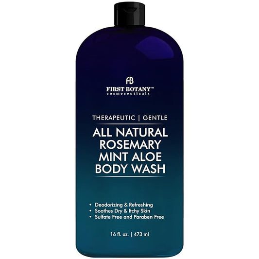 First Botany, ALL Natural Body Wash - Fights Body Odor, Athlete's Foot, Jock Itch, Nail Issues, Dandruff, Acne, Eczema, Shower Gel for Women & Men, Skin Cleanser -16 fl oz (Rosemary Mint)