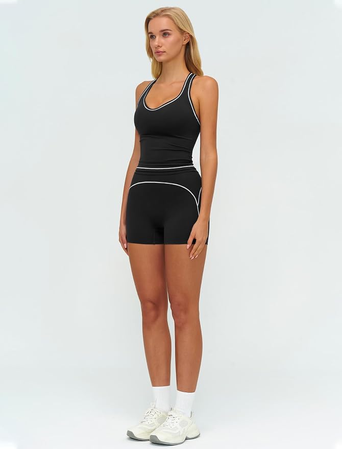 QBGJTD Two Piece Workout Sets for Women Color Block Racerback Tank Tops and High Waist Shorts Gym Yoga Outfits