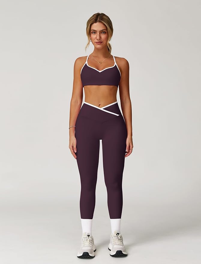 ABOCIW Workout Sets for Women 2 Piece Color Block Strappy Sports Bra High Waist Shorts Gym Yoga Pilates Outfits