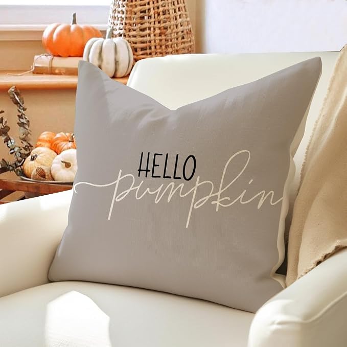 RABUSOFA Fall Pillow Covers 18x18 Inch,Autumn Hello Pumpkin Pillows Decorative Throw Pillows,Outdoor Thanksgiving Cushion Cover Farmhosue Fall Decor for Bedroom Couch Sofa Gray