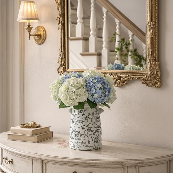 SIDUCAL Ceramic Gray and White Vase with 2-Ear, 8 Inch Ice Cracked Vintage Pastoral Vase, Rustic Farmhouse Vases for Home Decor, Table, Living Room, Shelf Decor, Chinoiserie Decor, Gray Floral Pattern