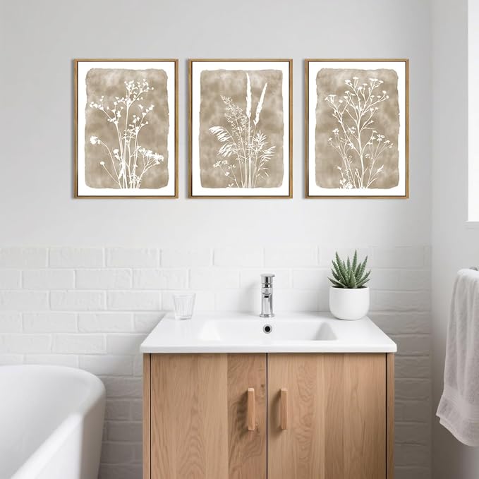 ANHUIB Beige Floral Canvas Wall Art Neutral Botanical Wall Decor 12x16 Inch Set of 3 for Living Room Bedroom Bathroom