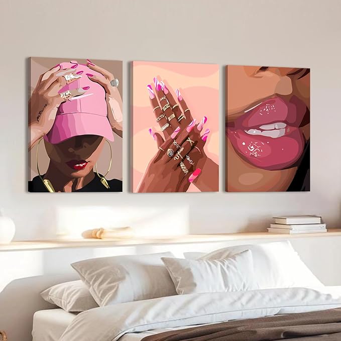 Black Girl Wall Art Set of 3 - Pink African American Woman Canvas Wall Decor Pictures, Fashion Black Woman Paintings Prints for Living Room Bedroom Bathroom Dorm 12x16 inch Framed