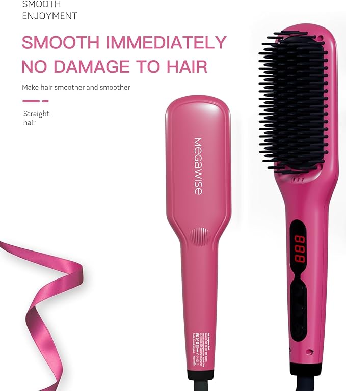 MEGAWISE Pro Ceramic Ionic Hair Straightener Brush, Universal Dual Voltage, Rotatable Power Cord, MCH Fast 20s Heating Tech, Anti-Scald, Auto-Off Safety, Home Salon (Rose Red)