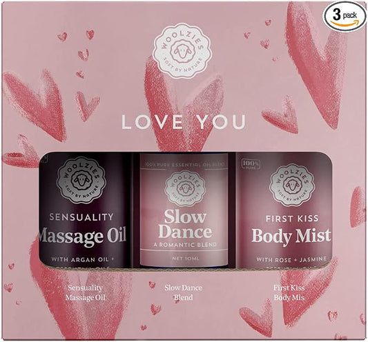 Love You Gift Set for Women, Massage & Essential Oils | Includes Sensuality Massage Oil, Slow Dance Romantic Essential Oil Blend, & First Kiss Body Mist