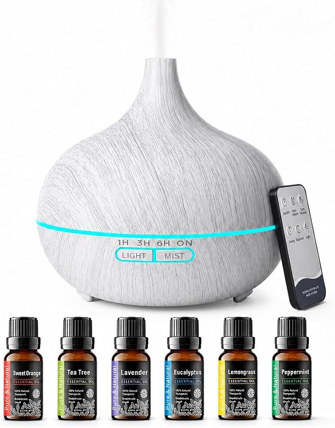 550ml Essential Oil Diffuser, Ultrasonic Aromatherapy Humidifier with Remote Control, 7 LED Colors, Auto Shut-Off, Cool Mist Humidifier for Home, Bedroom, Office