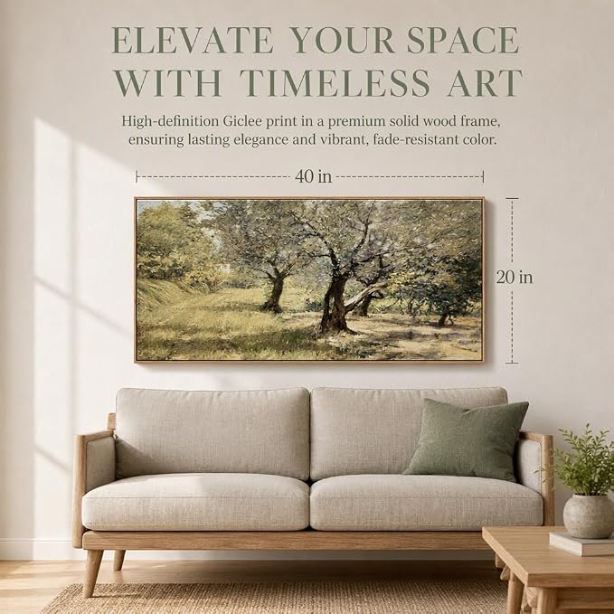 DJSYLIFE Large Framed Wall Art, Vintage Olive Grove Landscape, 20x40 Inch | Farmhouse Tree Canvas Print, Solid Wood Frame, Ready to Hang, Fade-Resistant Ink, Decor for Living Room, Bedroom, Above Bed