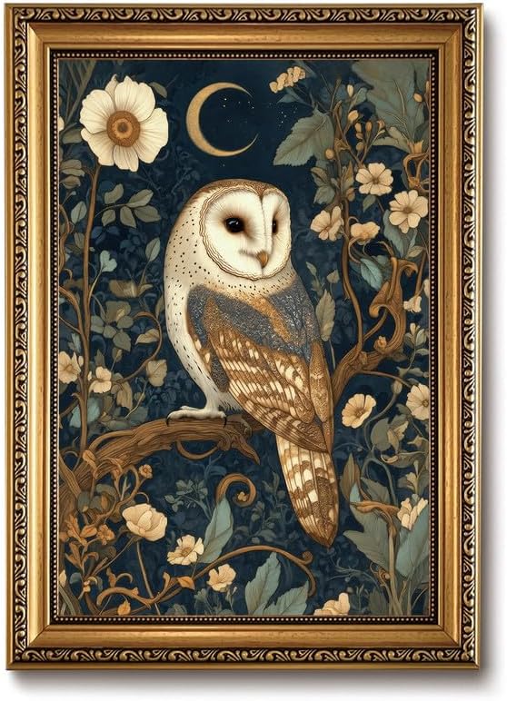 William Morris Gold Framed Wall Art Vintage Woodland Barn Owl Wall Decor | Cottagecore Botanical Animal Pictures Canvas Art Moody Dark Academia Framed Prints Artwork for Bedroom Bookshelf Gallery Wall