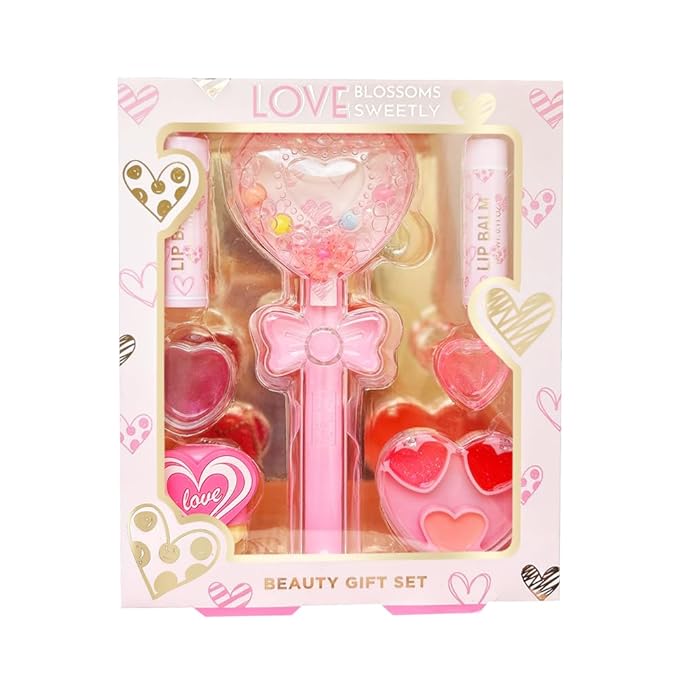 6-in-1 Heart Shine Lip gloss Set - 2 Lip Balms and Make Up Set and Magic Charm Bracelet | Girls Birthday Gift Box with Ice Cream Surprise Non Toxic, Party Favours