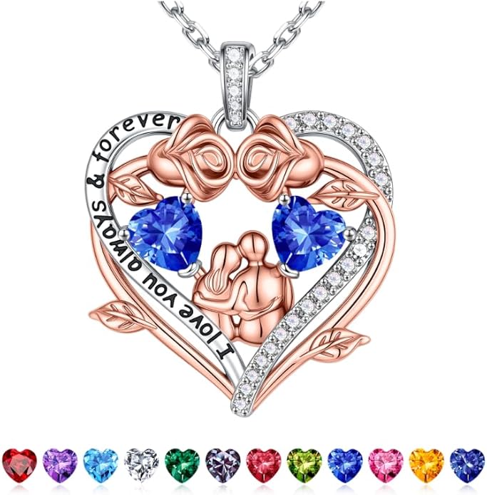 Iefil Valentines Gifts for Her Wife - 925 Sterling Silver Double Heart Birthstone Necklace, Anniversary Birthday Gifts for Women Wife Girlfriend