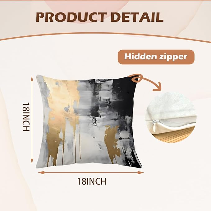 White Black and Gold Pillow Covers 18x18 Set of 2, Modern Black and White Pillow Covers for Couch Bed Living Room