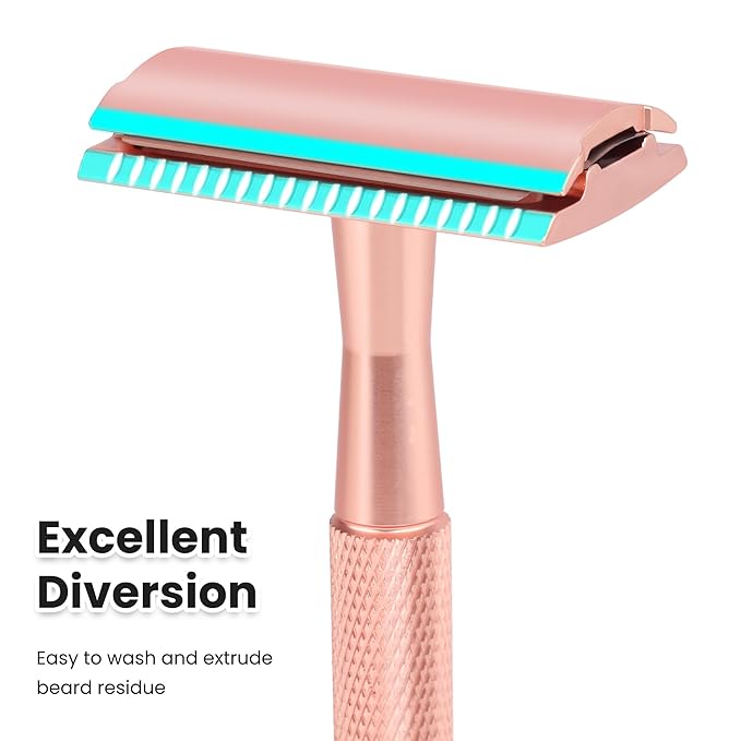Keropy Double Edge Safety Razor For Woman With Stand and 10 Premium Stainless Steel Reusable Safety Razor, Razors For Shaving, Rose Gold