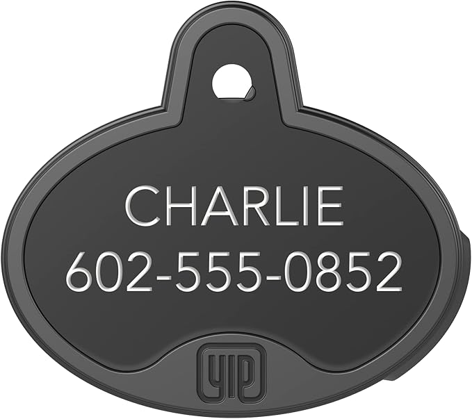 YIP Smart Tag ID & Custom Engraved Dogs Tracker - Compatible with Samsung Galaxy (No GPS Subscription Or Monthly Fee) Pets Collar Location Oval Black