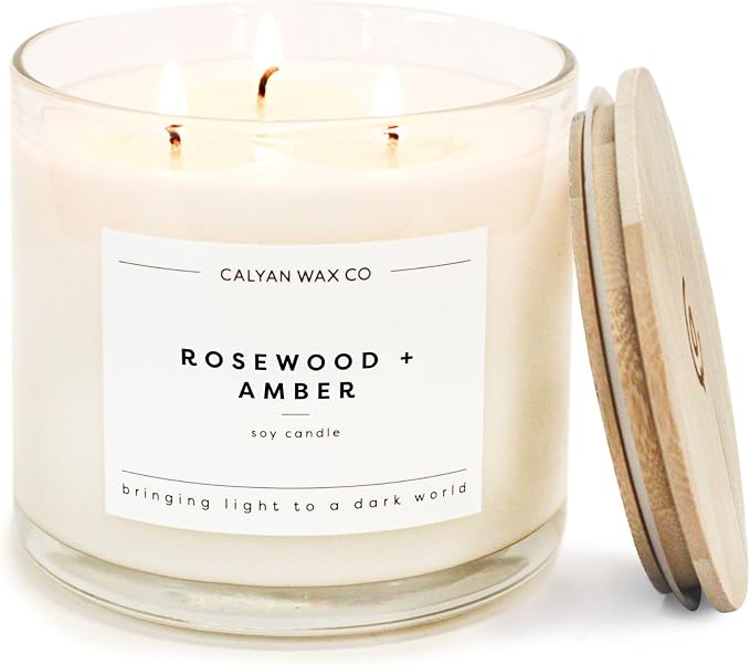 Calyan Wax Co. Rosewood & Amber 3 Wick Scented Candle - 43 Hour Burn - Luxury 3 Wick Soy Candles - Clean Soy Wax Candles - Long Lasting Large Glass Jar Candle for Home - 14.9oz