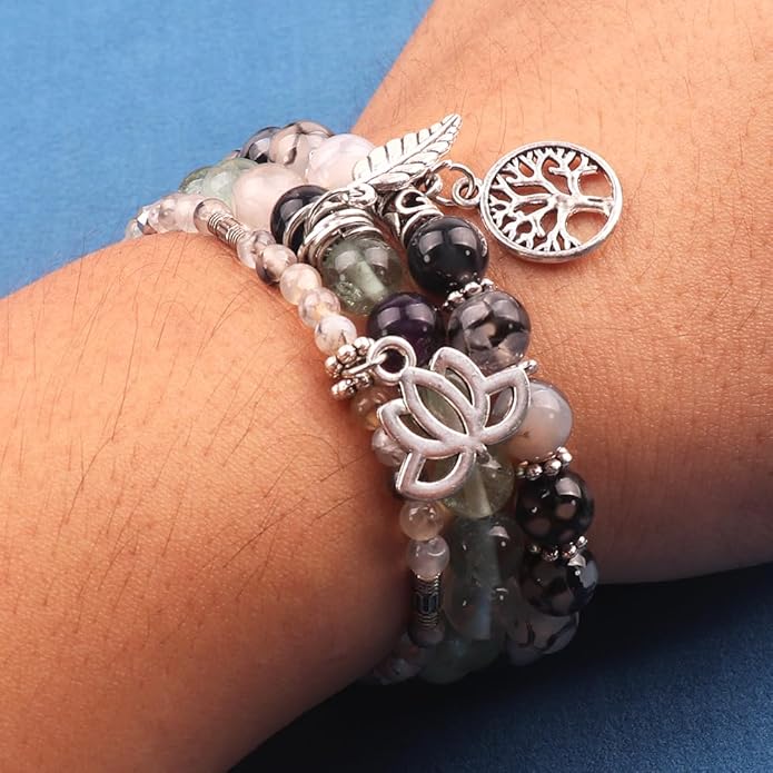 UEUC Tree of Life Yoga Healing Stone Bracelets,Multilayer Lotus Chakra Stone Reiki Bracelet Sets,Anxiety Crystal Natural Stone,for Women Stress Relief