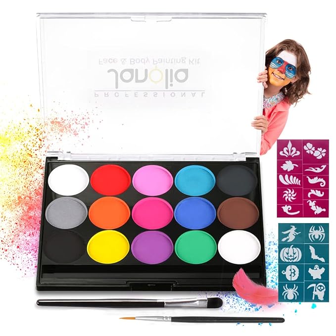 Janolia Face Painting Kit for Kids, 15 Colors Face Paint Palette, Water Activated Face Paint, Body Paint Makeup for Halloween Carnival Easter Theme Party, Ideal Facepaint Makeup Kit for Kids