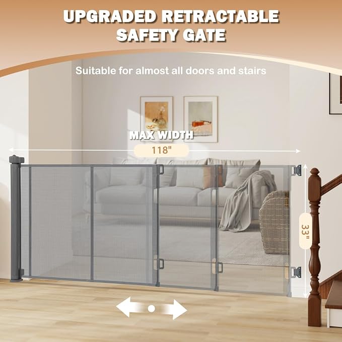 SMONTER Extra Wide Retractable Dog Gates, Mesh Baby Gate with Support Rods Extend to 118" Wide 33" Tall, Portable Safety Retractable Gate for Stairs, Indoor/Outdoor, Gray