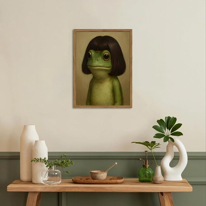 Funny Frog Wall Art, Whimsical Green Frog Wall Decor Painting Cute Animal Poster Canvas Prints Artwork for Living Room Bedroom Bathroom 12x16 inch Wood Framed