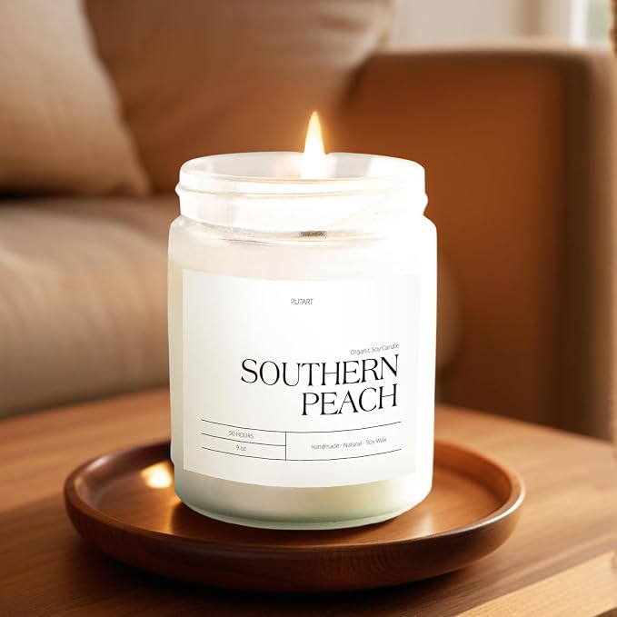 Peach Scented Candles for Home, 9oz Natural Soy Wax Aromatherapy Organic Peach Candle for Stress Relief, Long Burning & Lasting Jar Candle Gifts for Halloween, Birthday, Christmas, Thanksgiving