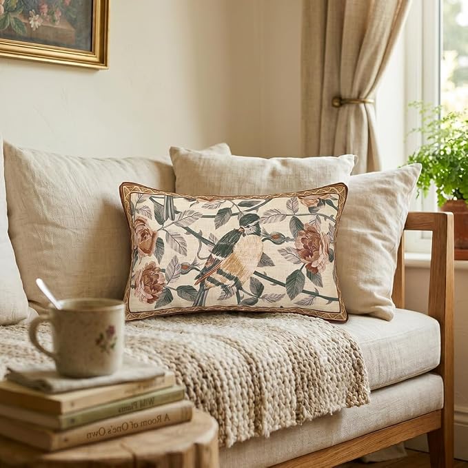 patdrea Designer Vintage Linen Throw Pillow Cover,12"x20"-ParkerEstate B | Decorative Pillow Case with Zipper,Bird and Floral Pattern,Cushion Coverfor Couch Living Room Bedroom Sofa