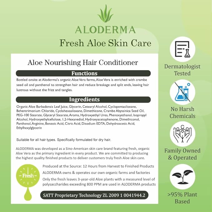 Aloderma Aloe Nourishing Hair Conditioner 16oz - Fresh, Organic Aloe Vera (No Water Added) + Crambe Seed Oil for Dry, Damaged Hair - Naturally Hydrate & Nourish for Soft, Shiny, & Healthy Hair & Scalp
