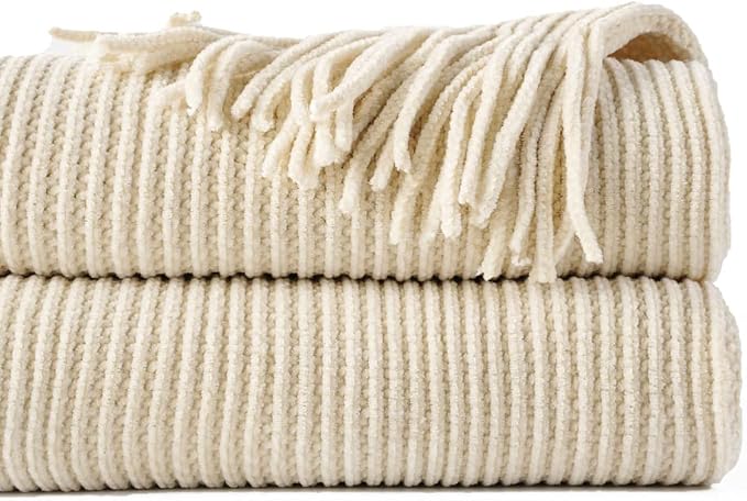 BATTILO HOME Beige Throw Blanket for Couch, 50"x60" | Soft Chenille Knit Blanket with Tassels for Home Decor, Neutral Beige Throws for Couch Cover