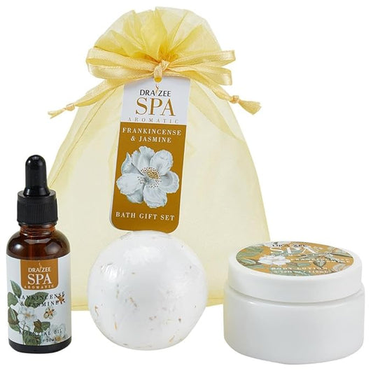Mother’s Day Gift Baskets for Women- 3 Pcs Frankincense & Jasmine Scented Bath and Body Spa Self Care Kit, Relaxing Bath and Body Set, Home Spa Gifts for Her by Draizee