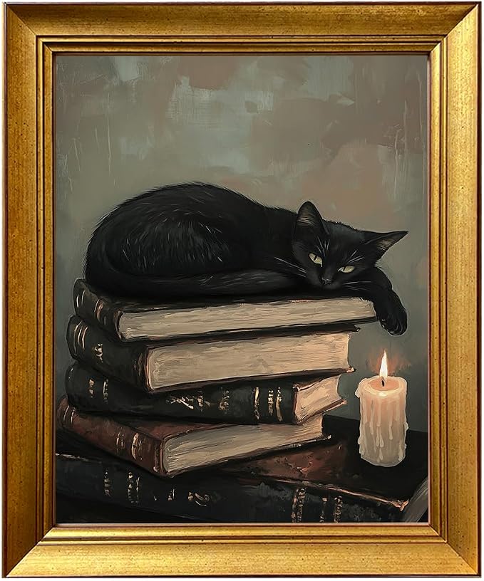 Framed Vintage Cat Wall Art for Bedroom Decor Antique Painting Black Cat Canvas Print Artworks for Study Room Living Room Home Decor Aesthetic