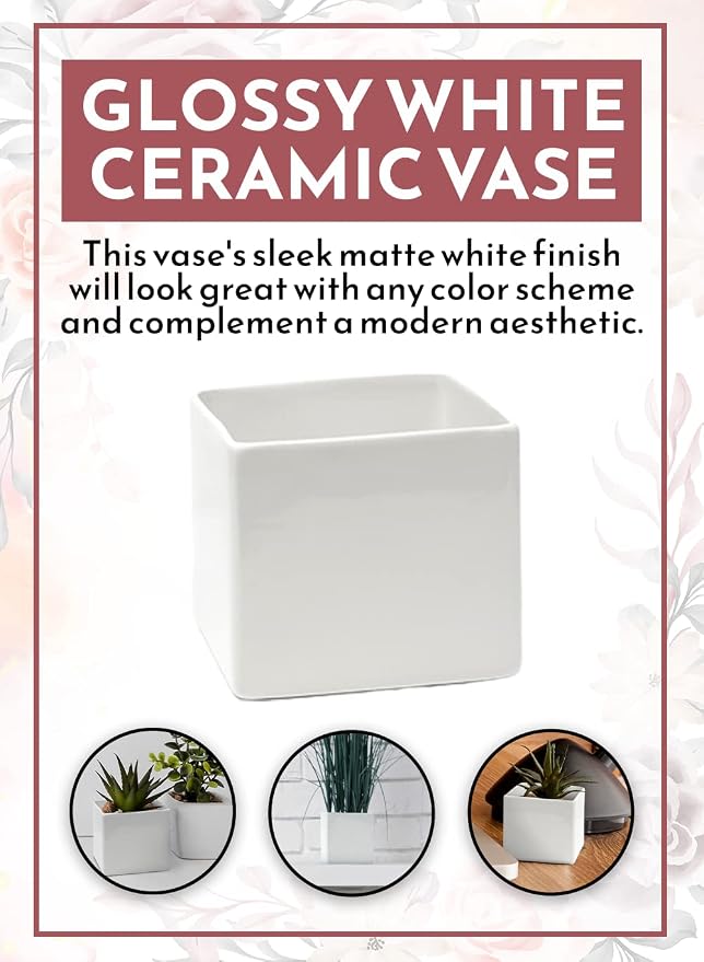 Serene Spaces Living Ceramic Vase Set, 6 Glossy White Vases for Modern Home Decor, Perfect for Weddings, Parties, Events, 5" Tall & 5.75" Cube
