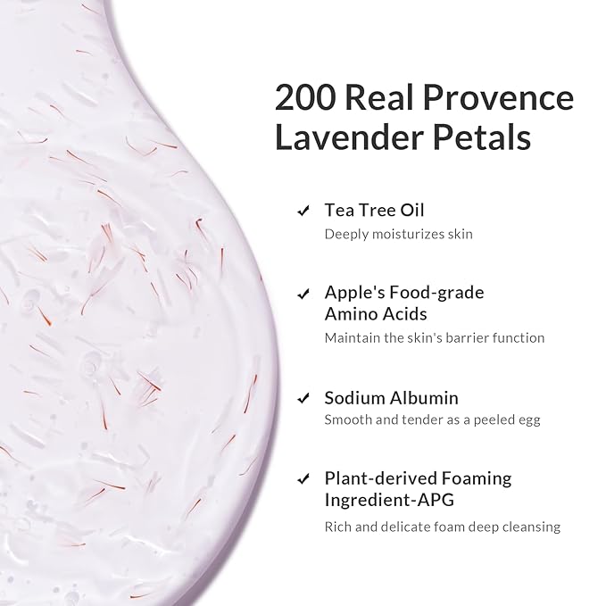 Kustie Lavender Petal Body Wash – Real Visible Provence Petals with Tea Tree Oil | Oil-Control & Pore-Clearing Cleanser for Balanced Skin | Free From Paraben, Sulfate & Phthalate | 7.4 Fl Oz