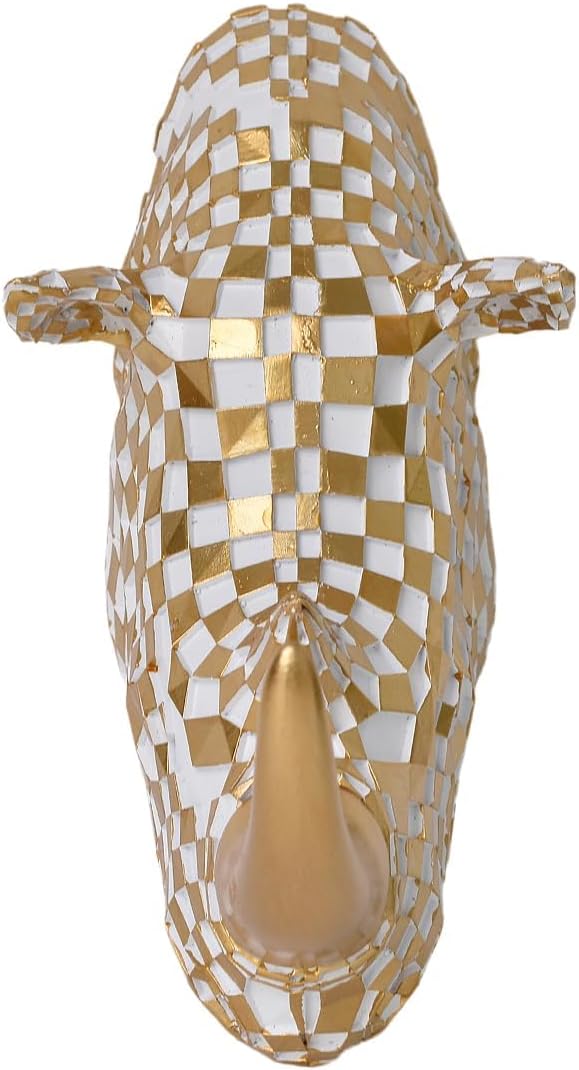 GIGICICI 9.2x4.7-Inch Vintage Mosaic Rhino Head Wall Sculpture Art Mount Statue for Room Bedroom Office Living Decor(White Gold)
