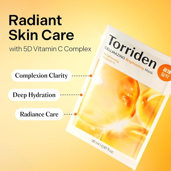 Torriden CELLMAZING Vita C Facial Mask (10 Sheets) | Radiance & Glow Boosting Korean Sheet Mask | Improving Overall Skin Tone | 5D Vitamin C + Niacinamide | Korean Face Mask