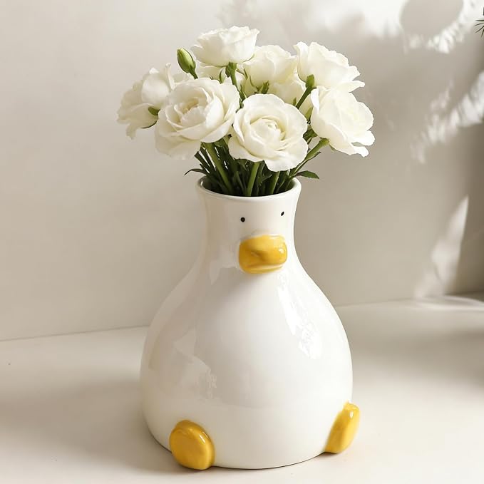Ceramic DuckVase White Modern Flower Vase with Unique DuckDesign Aesthetic Table Decor Funky Trendy Art Planter Holder for Flowers, Home Office Shelf Decoration