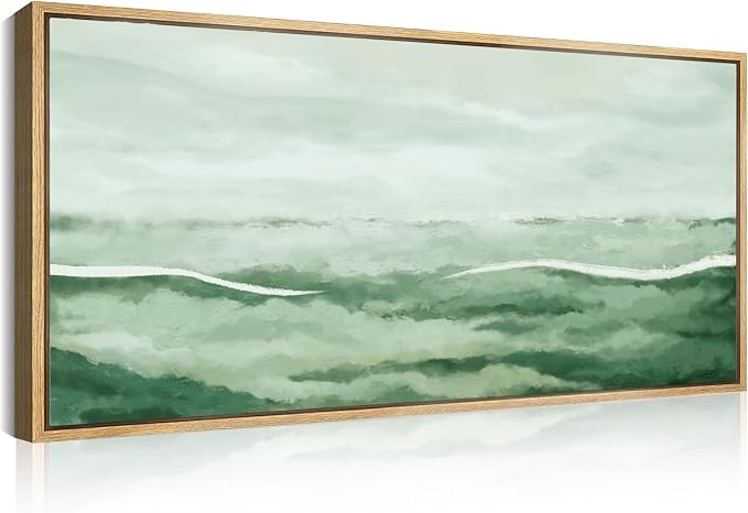 ANHUIB Large Green Abstract Framed Wall Art 20x40 Inch Sage Green Landscape Canvas Wall Decor Beige Neutral Watercolor Lake Textured Illustrations Painting for Living Room Bedroom Dining Room