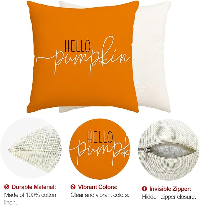 RABUSOFA Fall Pillows Covers 18x18 Autumn Hello Pumpkin Pillows Decorative Throw Pillows,Lumbar Outdoor Thanksgiving Cushion Cover Farmhosue Fall Decor for Couch Sofa Burnt Orange