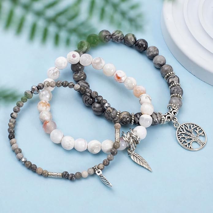 Jardme Healing Crystal Bracelets for Women, 8mm Beaded Natural Stone Stretch Chakra Bracelets Tree of Life Bracelet Jewelry Gifts for Women