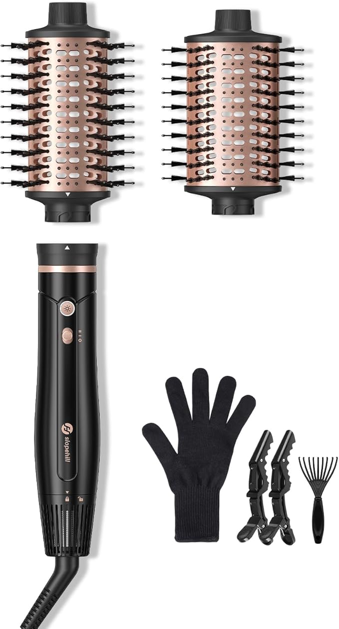 slopehill 6X High Speed Hair Dryer Brush Blow Dryer, 50m/s,1600W &100000RPM Fast Drying,Straightening,Volumizing&Curling, Hot Air Blowout Brush with 2 Interchangeable Oval Brushes,8 Modes Less Frizzy