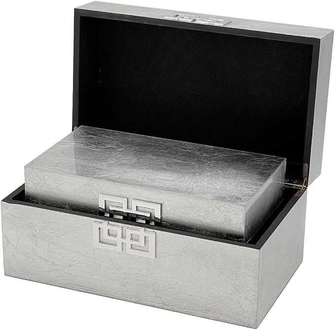 Galt International Storage Box Set Decorative Storage Box w/Hinged Lid Classic Design Wood Decor Boxes with Geometric Clasp Storage for Bedroom & Home - Set of 2 (Silver)