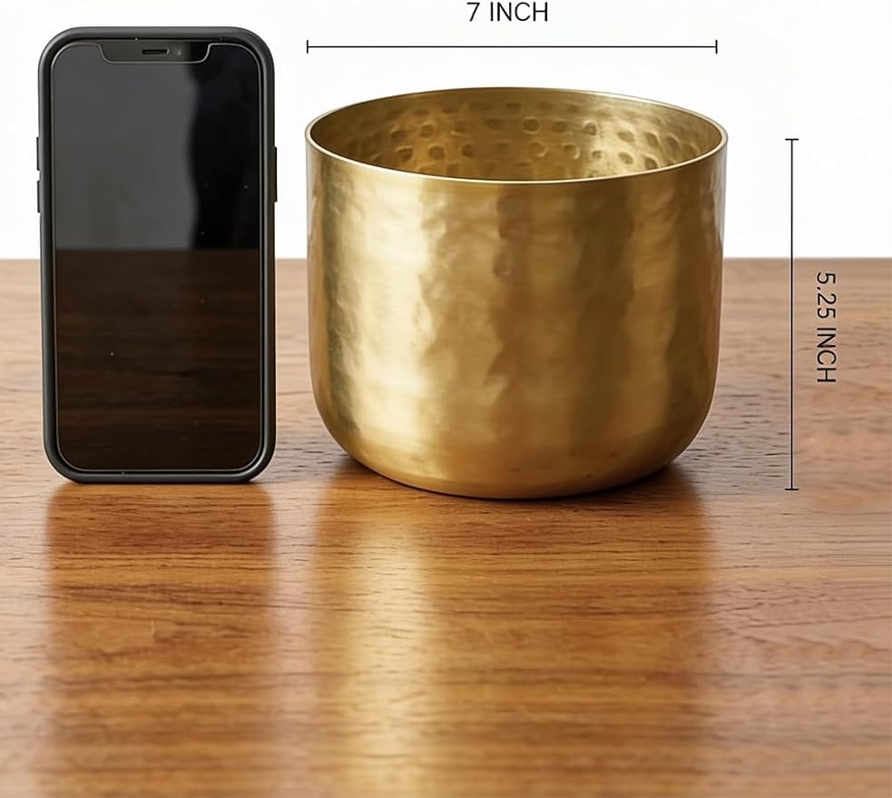 Serene Spaces Living Antique Brass Look Gold Hammered Pots, Indoor Planter Pot, Decorative Accent for Potted Plants, Gold Flower Vase for Wedding, 7" Diameter and 5.25" Tall, Pack of 6