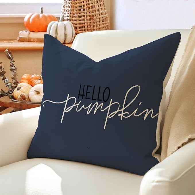 RABUSOFA Fall Pillow Covers 18x18 Inch Dark Blue Thanksgiving Autumn Hello Pumpkin Quote Harvest Outdoor Throw Cushion Cases Seasonal Fall Decorations for Home Couch