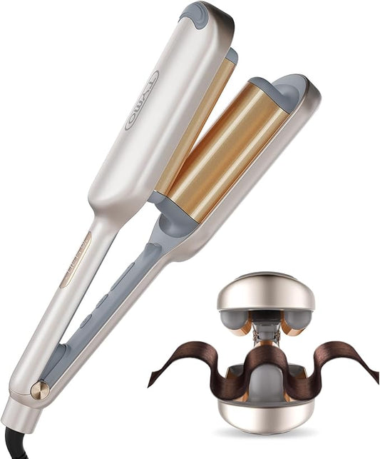 Curling Iron Hair Crimper Waver - TYMO ROVY Beach Waves Curling Wand, Ionic Deep Waver Hair Curler Tool with Ceramic 3 Barrel for Women, Dual Voltage, Anti-Scald, Easy to Use, Elegant Gold, 1.25 Inch