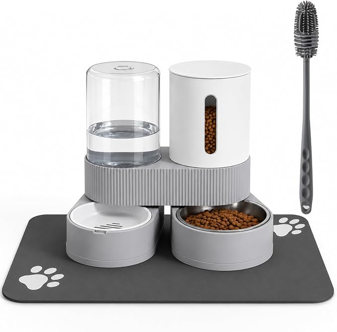 Gravity Cat Feeder 2 Pack Automatic Food Feeder and Water Dispenser Set Detachable Pet Bowl with Silicone Mat and Brush for Cats Small Medium Dogs, Large Capacity(Grey)